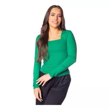 Blusa Feminina Cativa Canelada Decote Reto Verde