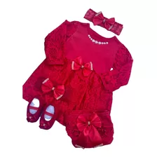 Vestido Luxo Rn A 6 Meses Renda Baby Kit 5 Pç Menina Inverno
