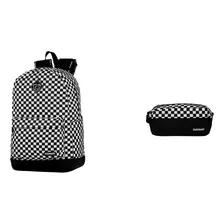 Mochila Escolar Trabalho Viagem Passeio Necessaire Estojo Preto Xadrez