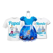 Vestido Cinderela Super Luxo + Camisetas Pai E Mãe + Tiara