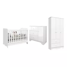 Quarto De Bebê Completo Roupeiro Cômoda Berço 3em1 Branco