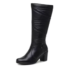 Bota Feminina De Couro Cano Longo Salto Quadrado Preto