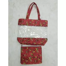 Bolsa Sacola Lona E Plastico Moda Praia Piscina + Necessaire