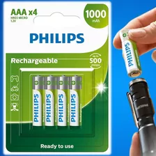 Pilha Recarregável Aaa 1000 Mah Philips C/4 Controle Remoto