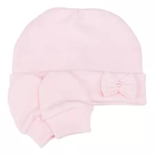 Kit Touca E Luva De Bebê Laço Rosa Malha