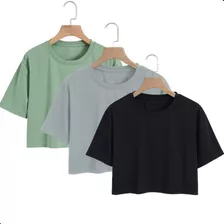 Kit 3 Camisetas Cropped Básico Liso Algodão Blusa