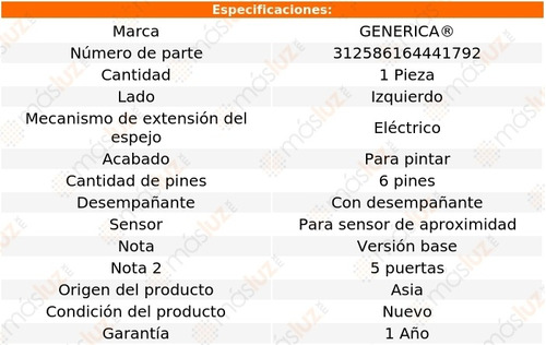 Espejo Lat Izq Elect P/pintar C/desemp 6 Pines Prius 16/21 Foto 2