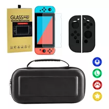 Case Switch + Película Vidro + 4 Grips + Par Silicone Joycon