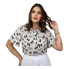 Blusa Feminina Manga Curta Moda Verão Branco C/preto