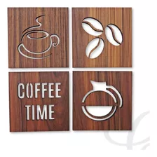 Kit 4 Quadros Para Decorar Cantinho Do Café 14,5x14,5cm Mdf Amadeirado