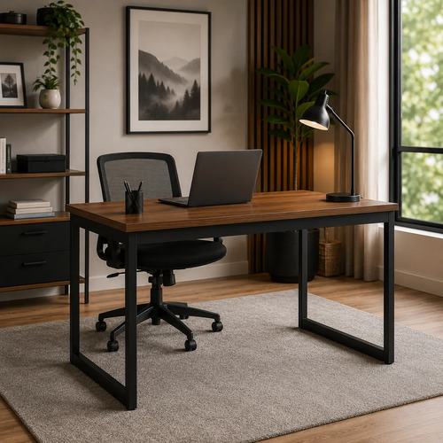 Mesa Escrivaninha De Escritório 120x60x75 Mdp E Metalon Luxo Nogal