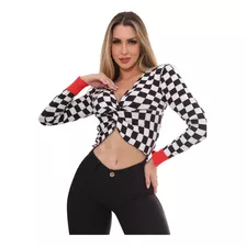 Blusa De Tricot Croped Feminina Manga Longa Xadrez