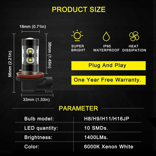 Bombillas De Luz Antiniebla Led H11 H8 50w 1400lm Para Honda Foto 4