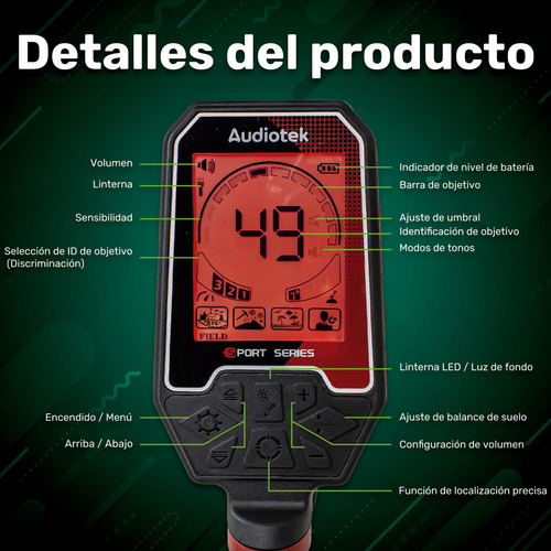 Detector Metales 5m Sumergible 4 Modos Recargable Luz Led Audiotek