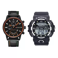 2pcs Reloj Para Hombre Pulsera Cuero Acero Inoxidable Deport