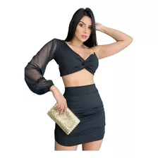 Conjunto Feminino Saia Plinsada + Cropped Manga Única Tule