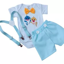 Roupa Infantil Baby Shark Tubarão Mesversário C/suspensório 