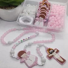 Kit Missangas Bolinhas Para Terço Infantil Anjo Emborrachado Comprimento 8 Mm Cor Rosa-claro Diâmetro 8 Mm