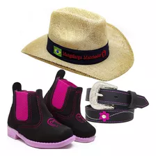 Kit Infantil Bota Botina Feminina + Chapeu + Cinto Menina