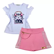 Conjunto Menina Infantil Juvenil Short Saia Rosa Blusa Gato