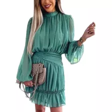 Vestido Corto Verde Vintage Plisado Gasa Elegante Girlboss