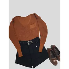 Blusa De Tricô Feminina Gola V Com Bolso