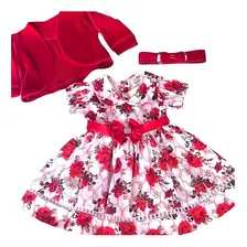 Roupa De Bebê Vestido Menina 100% Algodão Com Bolero E Tiara