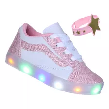 Tênis Infantil Com Luzes Coloridas Menina Glitter Branco 