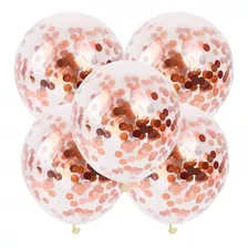 5 Globos Cristal Transparente Confetti Rosa Gold Metalizado