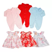 Kit Macacão Longo Bebê Menina Com Vestido 6pçs