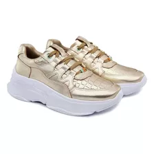 Tênis Sneaker Alto Feminino Chunky Couro Dourado