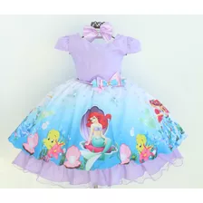 Vestido Infantil Sereia Fundo Do Mar Ariel E Tiara Moda Luxo