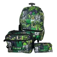 Kit Mochila Hulk Com Estojo Lancheira Rodinha Infantil Juven