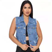 Colete Jeans Feminino Destroyed Com Bolsos E Barra - Claro