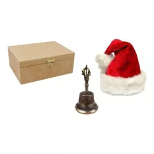 Chapéu Touca Gorro Papai Noel + Sino De Bronze + Caixa Mdf 