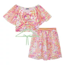 Conjunto Infantil Floral Neon Blusa Cropped Manga Evasê Saia