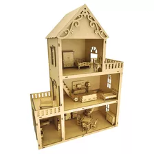 Casa Boneca Polly Mobiliada 25 Moveis 62x45x22 Mdf Cru