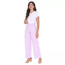 Calça Feminina Sarja Wide Leg Cintura Alta Ajustável Casual