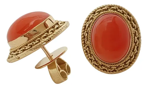 Brinco De Ouro 18k 750 Com Coral Natural Italiano Amarelo