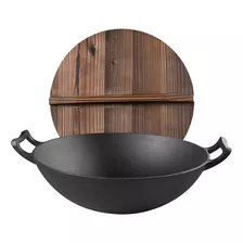 Wok De Hierro Fundido Con Tapa De Madera Camping Fuego