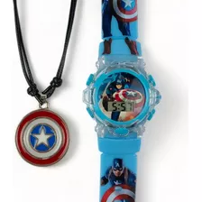 Kit Infantil Relógio + Colar Menino Capitão America Personag