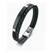 Pulsera De Cuero Negro Brazalete Con Placa De Acero Negro