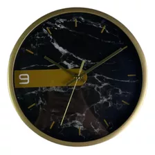 Reloj De Pared Fondo Negro Marmolizado Borde Dorado 1 Numero
