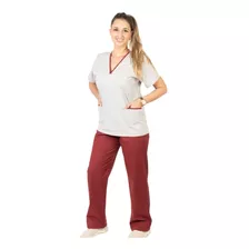 Scrub Feminino Plus Size Algodão Com Elastano Bordô + Cinza