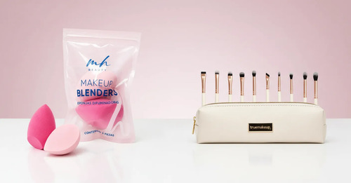 Kit Ojos: Esponjas Difuminadoras Rosa 2 Pzas + Set 10 Brochas Veganas Con Cosmetiquera Beige
