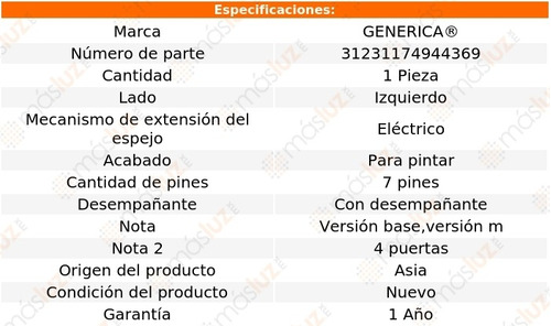 Espejo Izq Elect P/pintar C/desemp 7 Pines Bmw 328ci 00 Foto 2