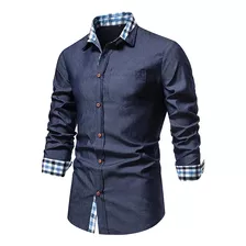 Camisa Jeans Masculina Xadrez, Patchwork, Manga Comprida, Bo