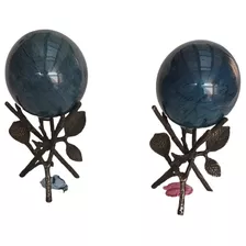 Antiguas Esferas Bolas Piedra Azul Con Base De Bronce Bellas