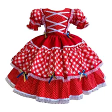 Vestido Junina Quadrilha São João Liso Vermelho - 4 Até 12