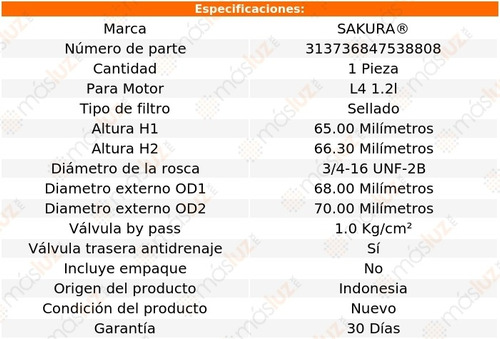 (1) Filtro Aceite Suzuki Ignis 1.2l L4 18/20 Sakura Foto 2